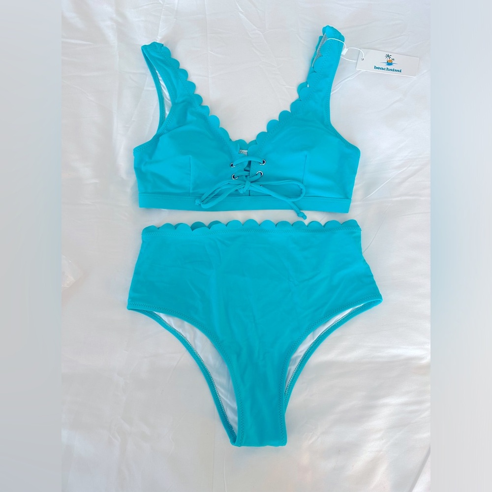 NWT - Beachsissi - Teal/Aqua Scallop High-waisted swim set